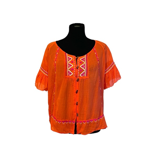 Tops - Orange Boxy Blouse with Flutter Sleeves and Bib Collar